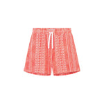 Red mid-length shorts with an elastic drawstring and side pockets.