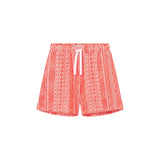 Red mid-length shorts with an elastic drawstring and side pockets.