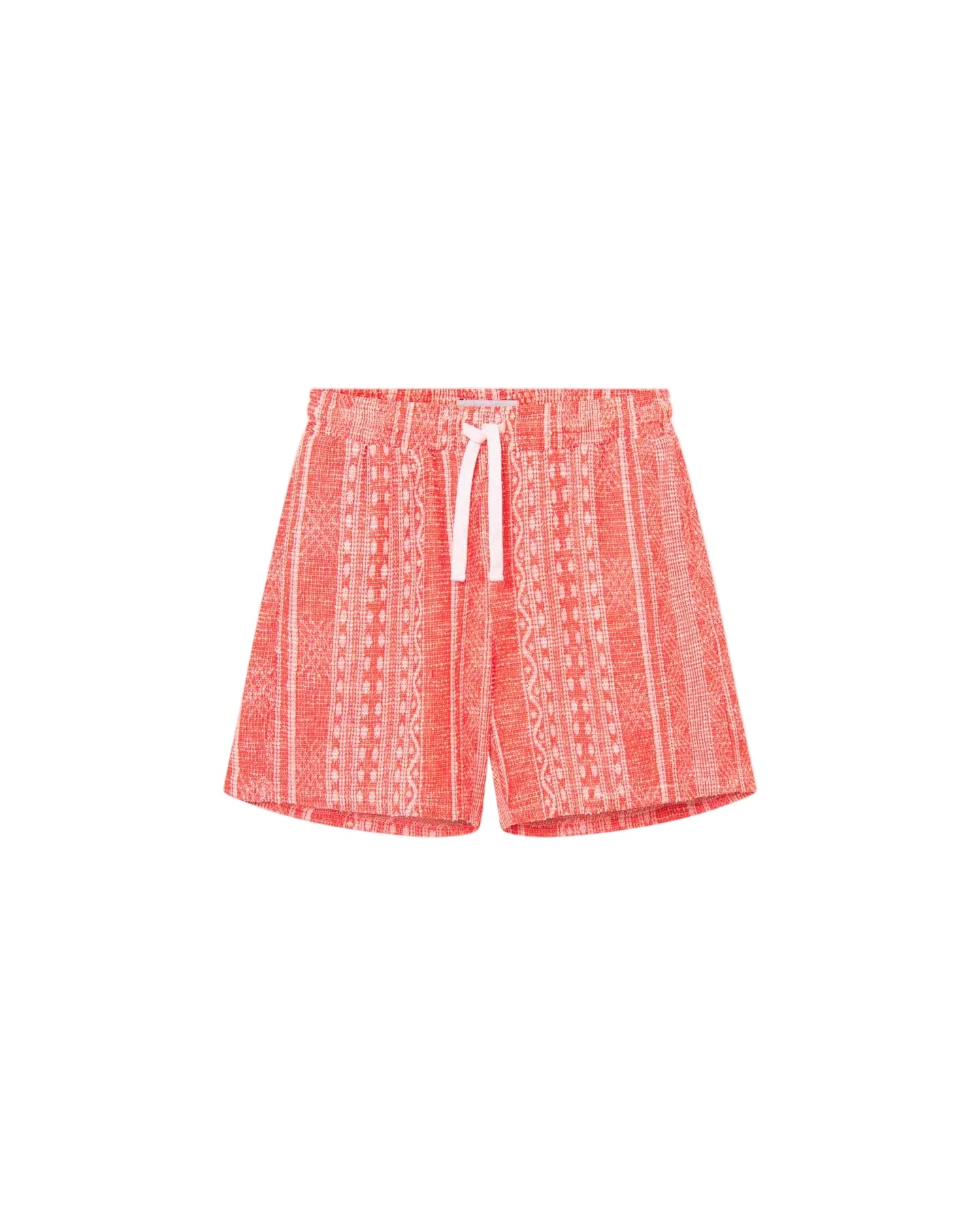 Red mid-length shorts with an elastic drawstring and side pockets.