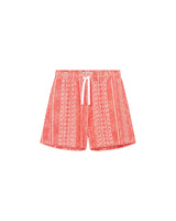 Red mid-length shorts with an elastic drawstring and side pockets.