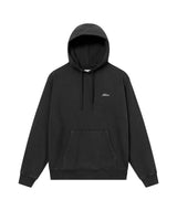 A black hoodie with a hood, long sleeves, and a front pocket, featuring a small embroidered logo on the chest.