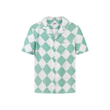 A short-sleeved, multicolor geometric patterned shirt with a relaxed fit and button closure at the front.