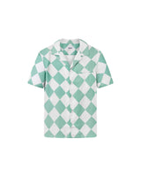 A short-sleeved, multicolor geometric patterned shirt with a relaxed fit and button closure at the front.