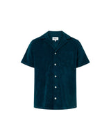 Navy blue short sleeve shirt with white button closure and one chest pocket