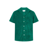 Green short sleeve shirt with white button closure and one chest pocket