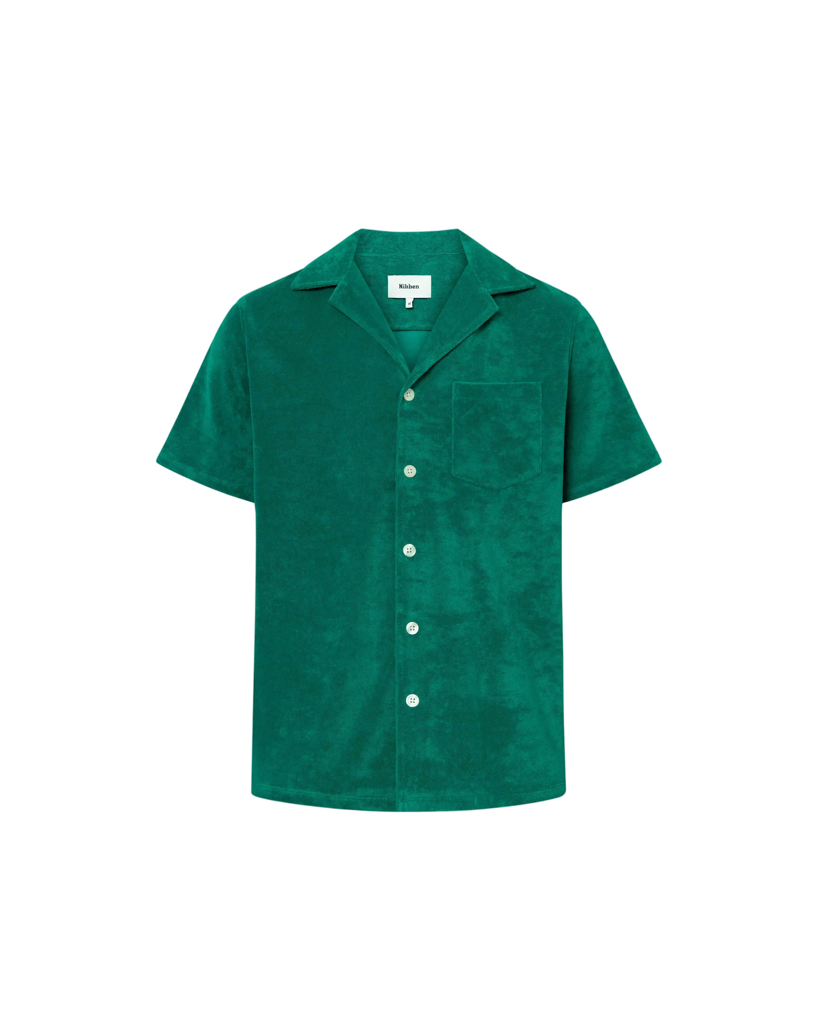 Green short sleeve shirt with white button closure and one chest pocket