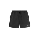 A pair of black, unisex, organic cotton sweat shorts with an elastic drawstring and two side pockets.
