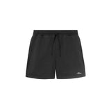 A pair of black, unisex, organic cotton sweat shorts with an elastic drawstring and two side pockets.