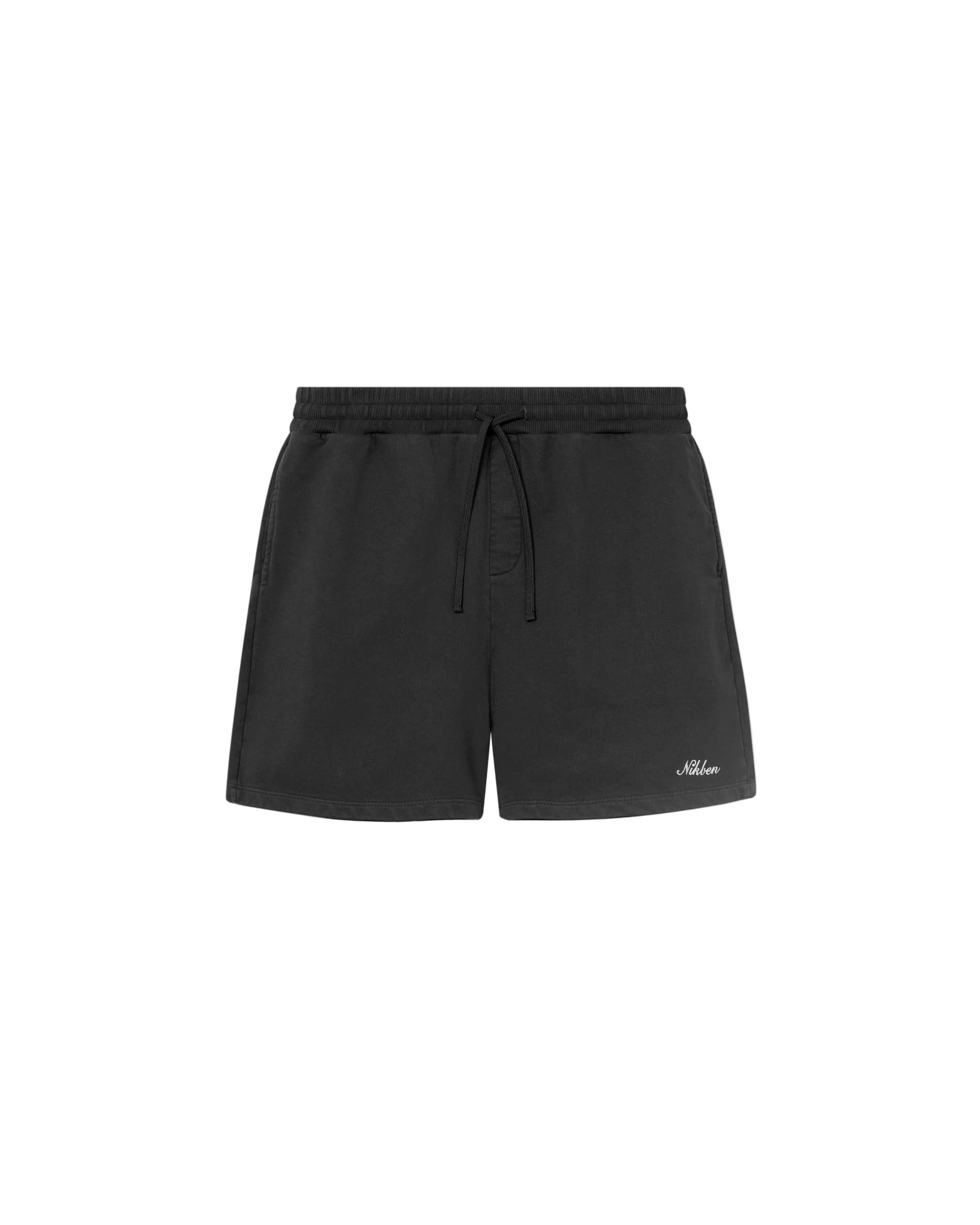 A pair of black, unisex, organic cotton sweat shorts with an elastic drawstring and two side pockets.