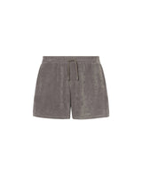 Grey mid length shorts in terry toweling fabric with drawdtring and two side pockets.