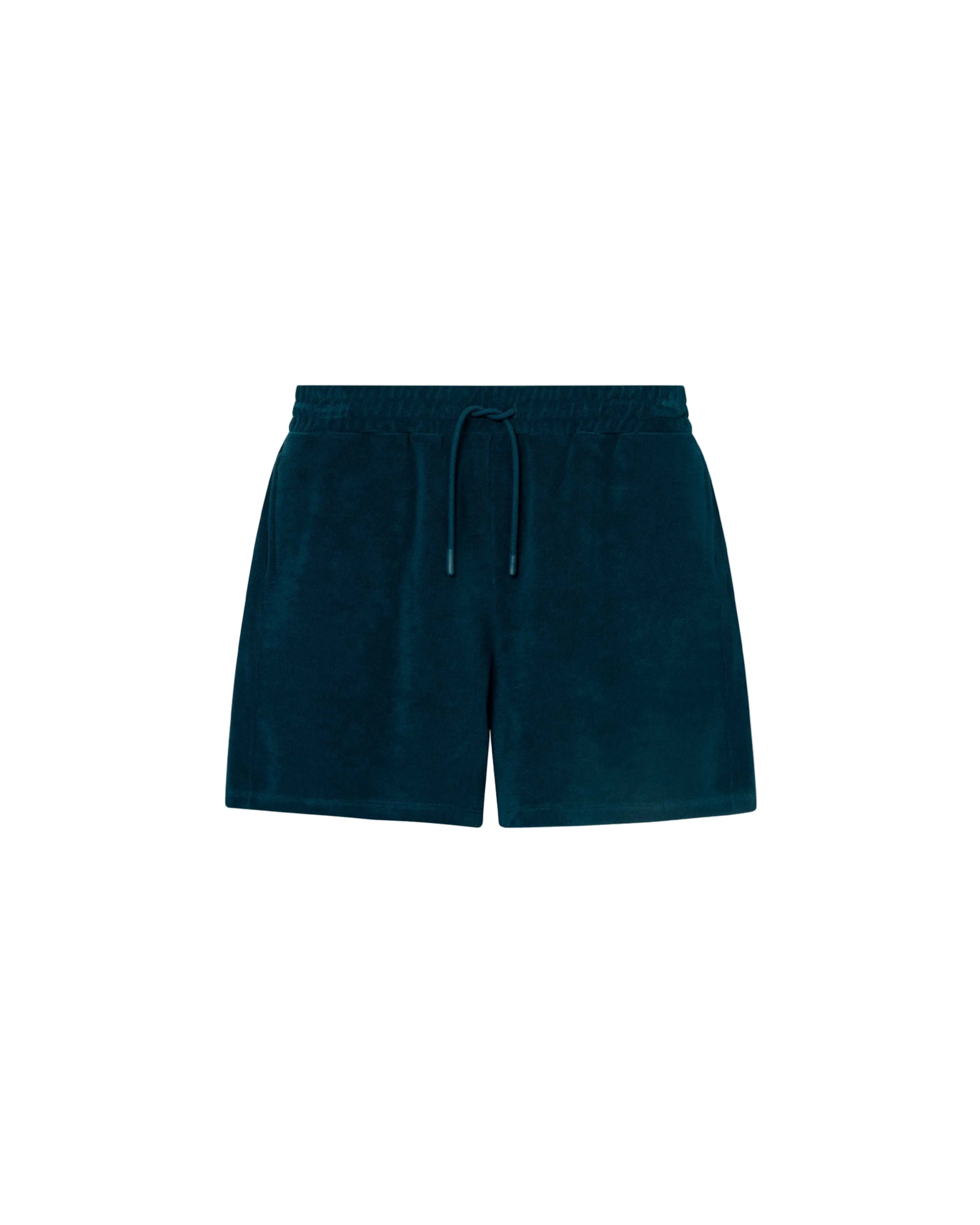 Navy blue mid length shorts in terry toweling fabric with drawdtring and two side pockets.