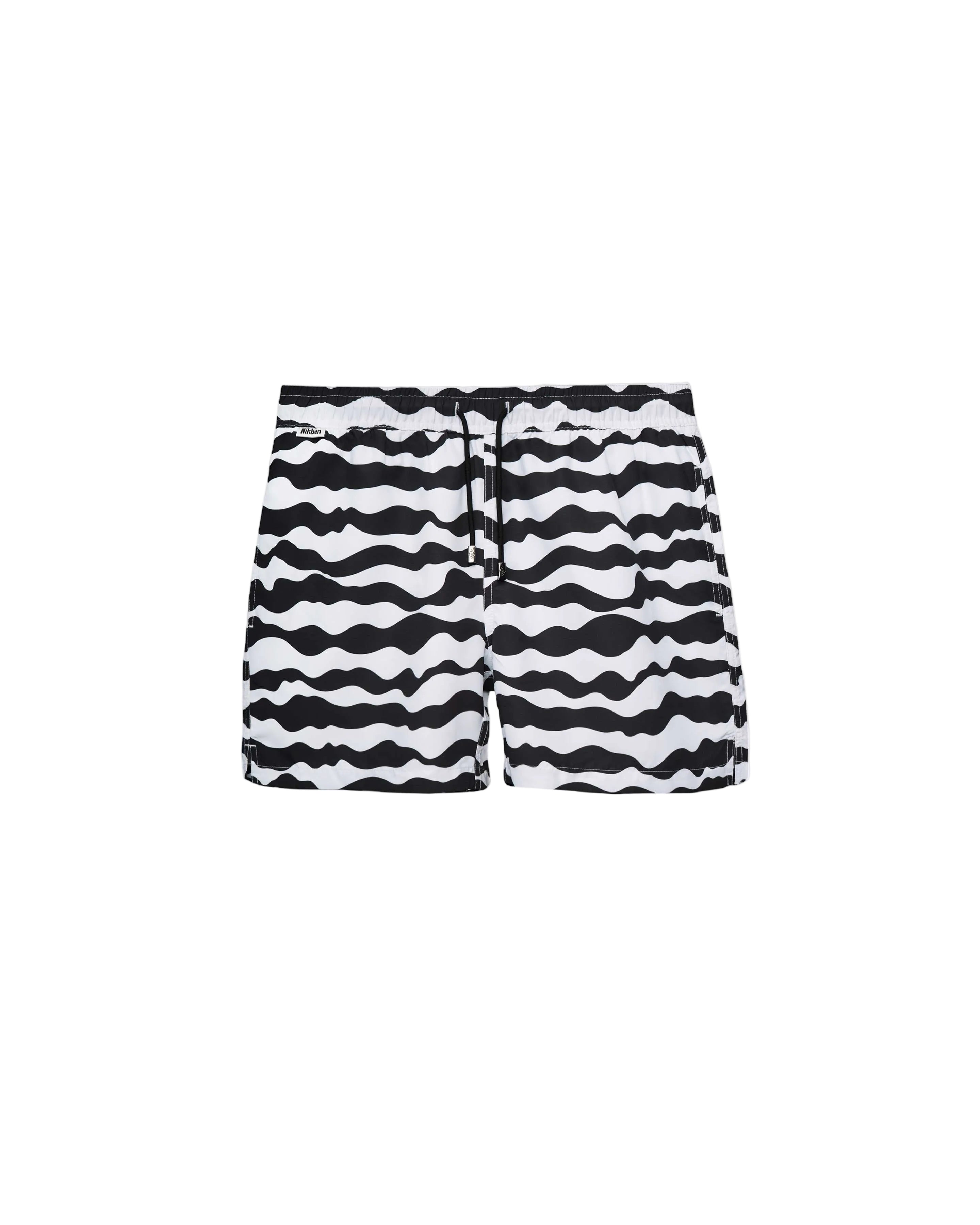 Black and white mid length swim trunks. Mid length with drawstring and two side pockets.