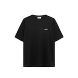 Black t-shirt with white script logo.