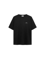 Black t-shirt with white script logo.