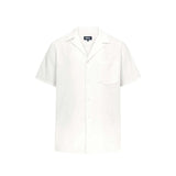 Off white short sleeve shirt with white button closure and one chest pocket
