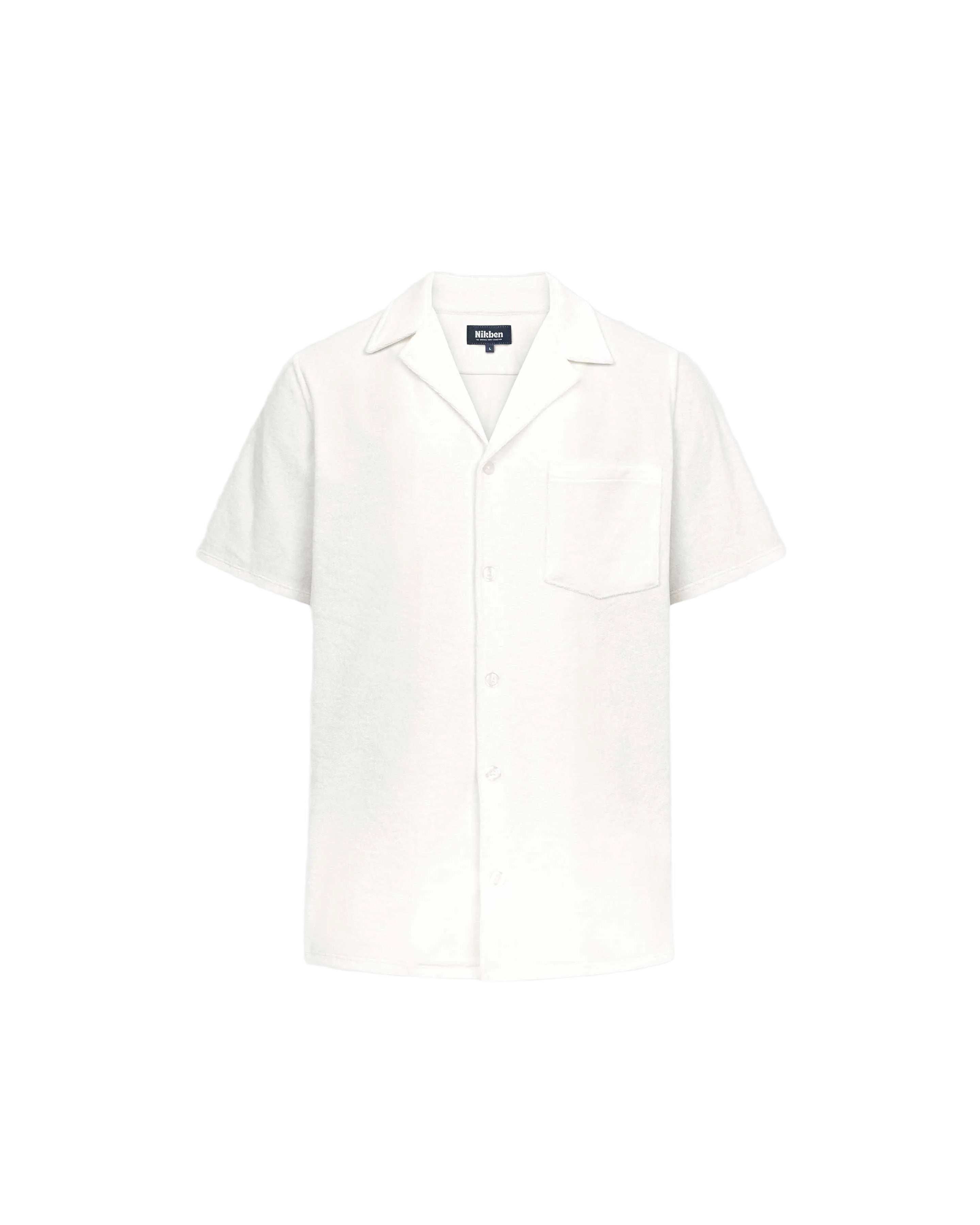 Off white short sleeve shirt with white button closure and one chest pocket