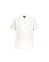 Off white short sleeve shirt with white button closure and one chest pocket