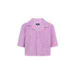 Purple, short sleeve, cropped shirt with white button closure and one chest pocket