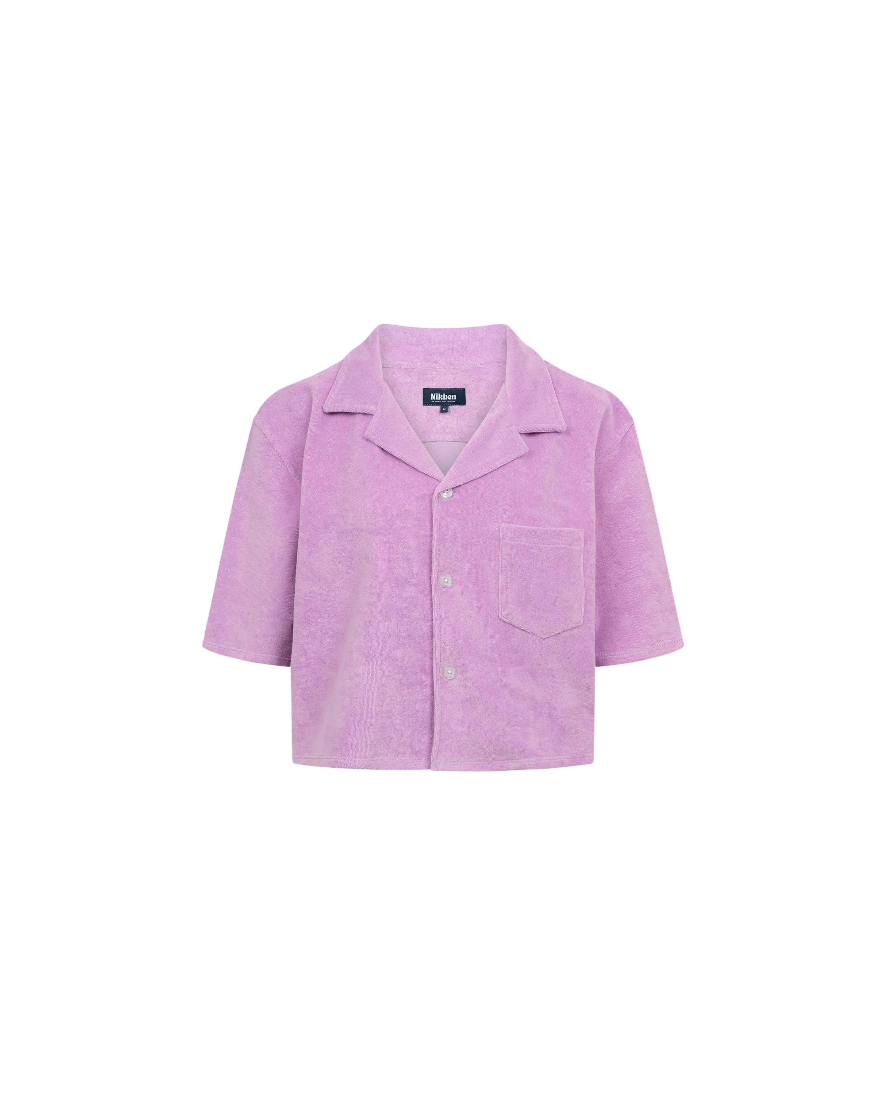 Purple, short sleeve, cropped shirt with white button closure and one chest pocket