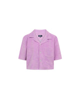 Purple, short sleeve, cropped shirt with white button closure and one chest pocket