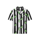 Black and white striped shirt with green pear patterns on a light gray background