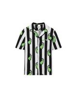 Black and white striped shirt with green pear patterns on a light gray background