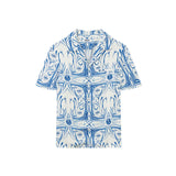 White short-sleeved vacation shirt with blue graphic pattern, open collar, one breast pocket, and button closure.