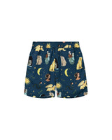 Navy blue shorts with celestial and angelic pattern on a white background