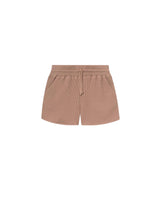 Brown waffle-patterned short-length shorts with two front pockets and a drawstring.