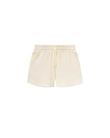 Off white waffle-patterned short-length shorts with two front pockets and a drawstring.