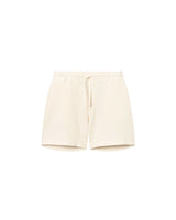 Off white, mid-length shorts with a waffle texture, featuring an elastic drawstring, two side pockets, and one zipper back pocket.