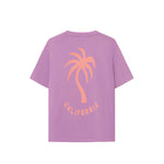 A grape colored t-shirt with a relaxed boxy cut and a palm tree graphic print on the front.