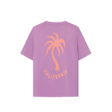 A grape colored t-shirt with a relaxed boxy cut and a palm tree graphic print on the front.