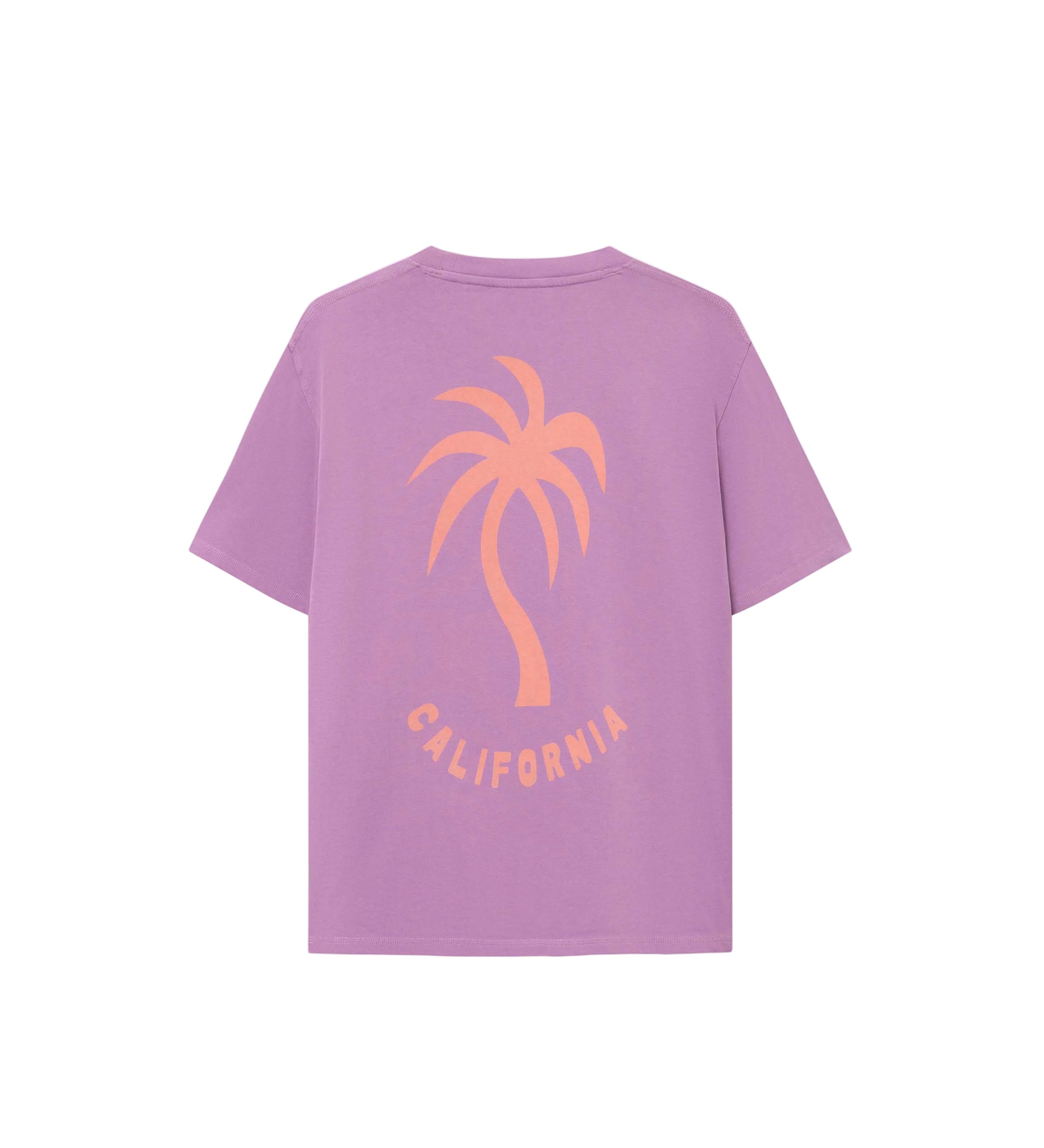 A grape colored t-shirt with a relaxed boxy cut and a palm tree graphic print on the front.