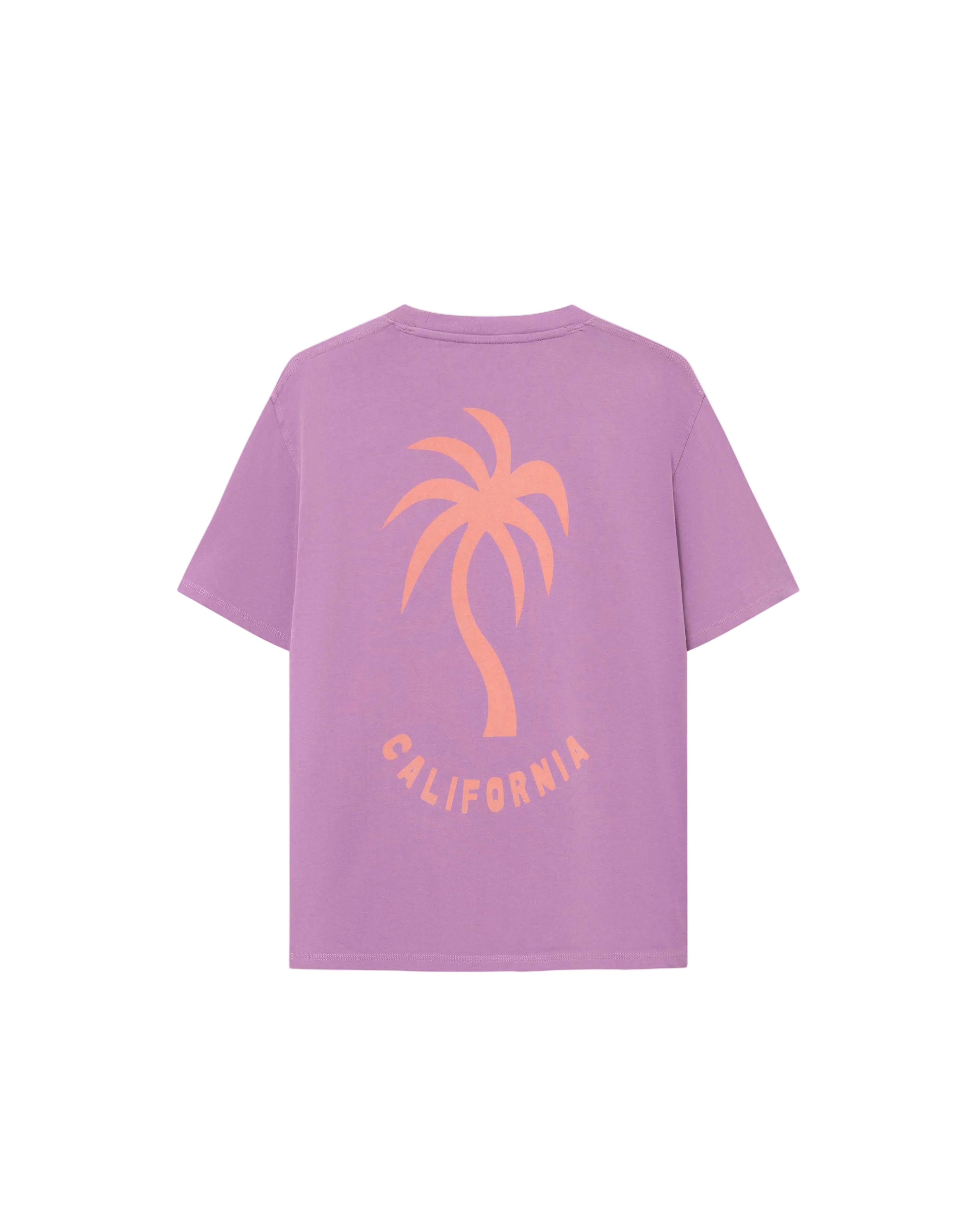 A grape colored t-shirt with a relaxed boxy cut and a palm tree graphic print on the front.