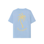 A light blue t-shirt with a large palm tree graphic print on the back and a subtle chest print.