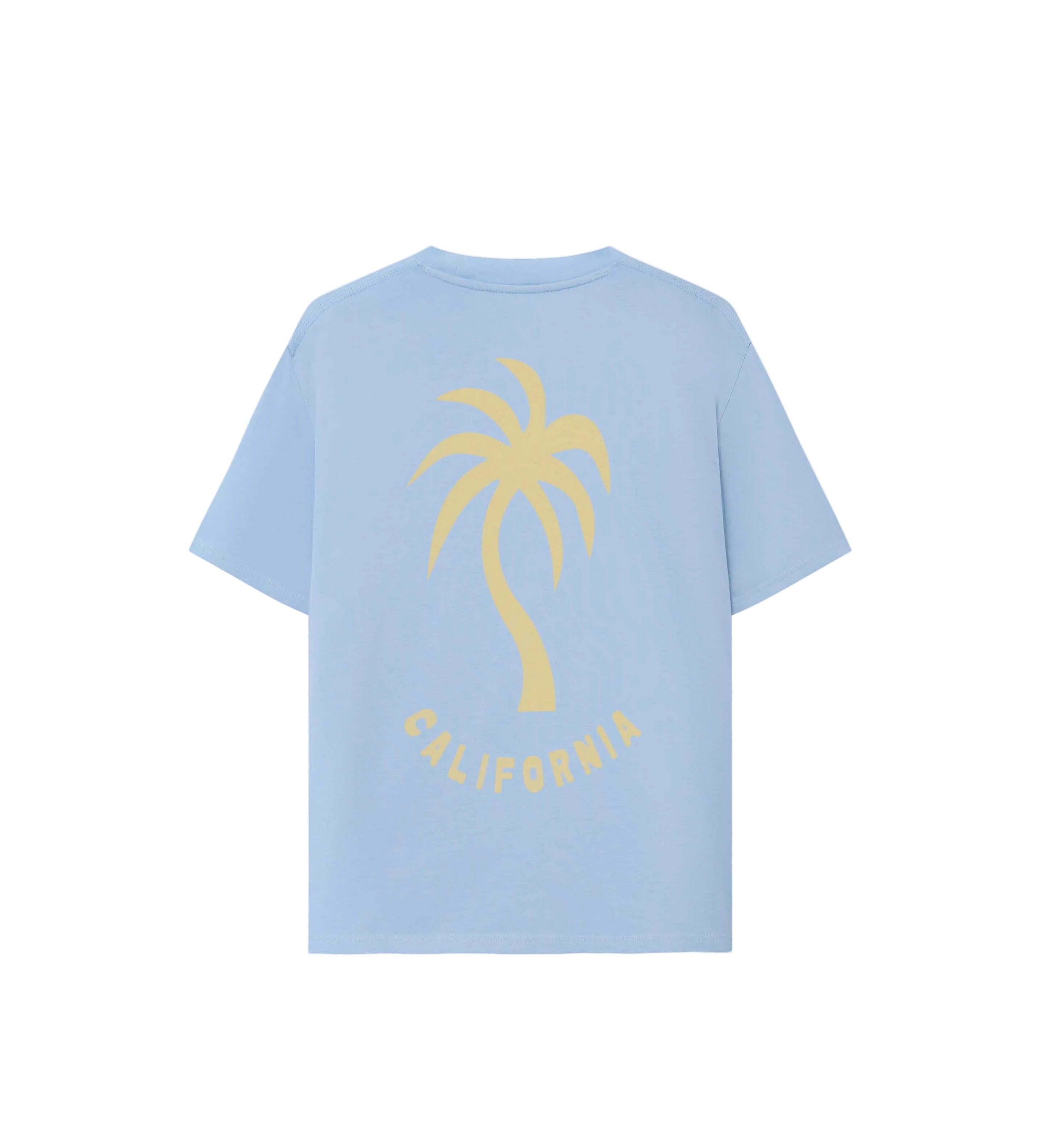 A light blue t-shirt with a large palm tree graphic print on the back and a subtle chest print.