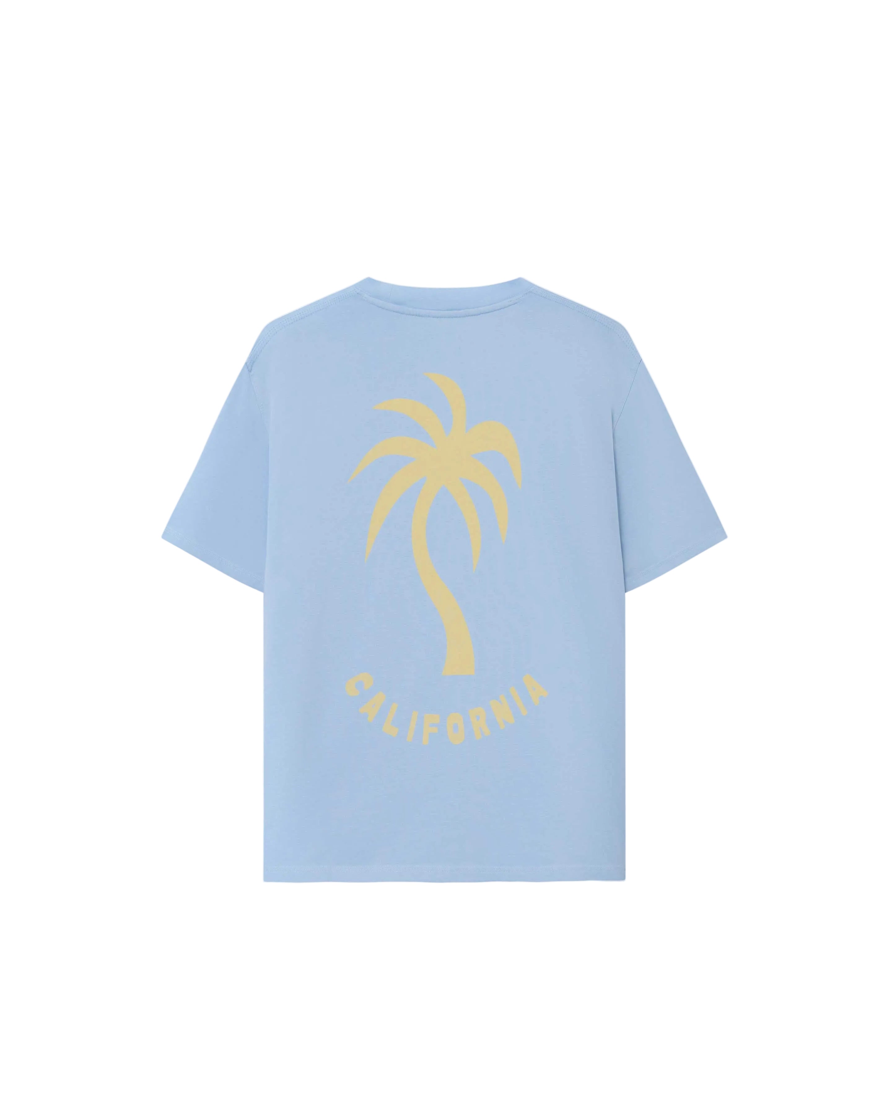 A light blue t-shirt with a large palm tree graphic print on the back and a subtle chest print.