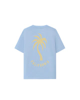 A light blue t-shirt with a large palm tree graphic print on the back and a subtle chest print.