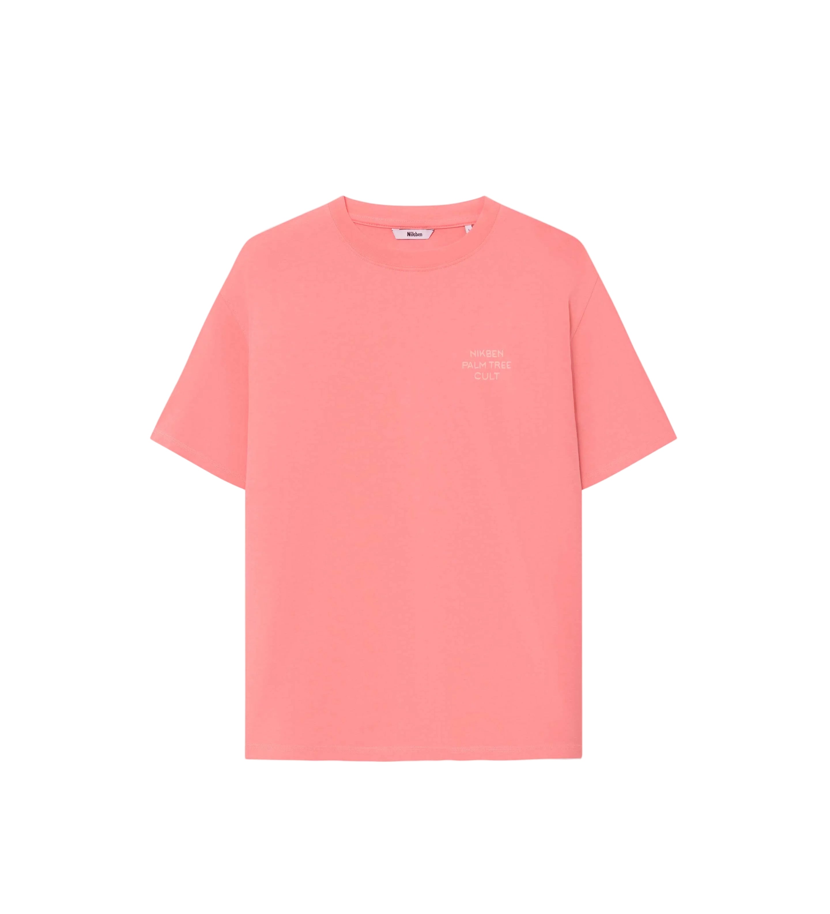 A terracotta-colored, relaxed fit t-shirt with a subtle chest print and a large back print, made from 100% organic cotton.