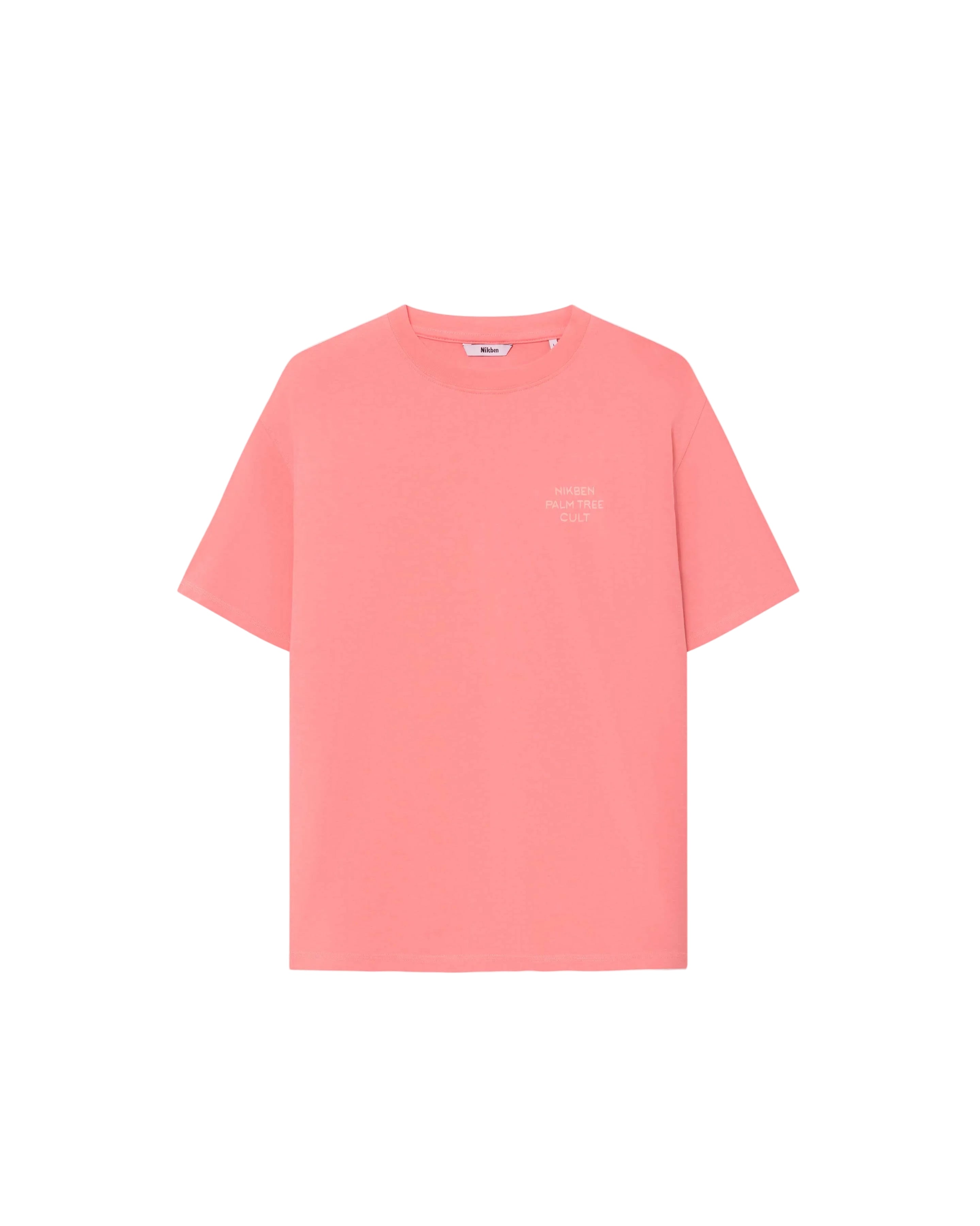 A terracotta-colored, relaxed fit t-shirt with a subtle chest print and a large back print, made from 100% organic cotton.