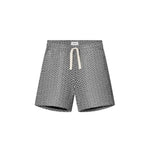 A pair of mid-length black shorts with a geometric jacquard texture, featuring a relaxed fit and a drawstring waistband.