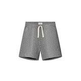 A pair of mid-length black shorts with a geometric jacquard texture, featuring a relaxed fit and a drawstring waistband.