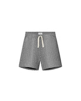 A pair of mid-length black shorts with a geometric jacquard texture, featuring a relaxed fit and a drawstring waistband.