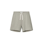 A pair of mid-length green jacquard shorts with a relaxed fit, featuring two side pockets and a back pocket, made from a polyester-cotton blend.