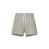 A pair of mid-length green jacquard shorts with a relaxed fit, featuring two side pockets and a back pocket, made from a polyester-cotton blend.