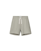 A pair of mid-length green jacquard shorts with a relaxed fit, featuring two side pockets and a back pocket, made from a polyester-cotton blend.