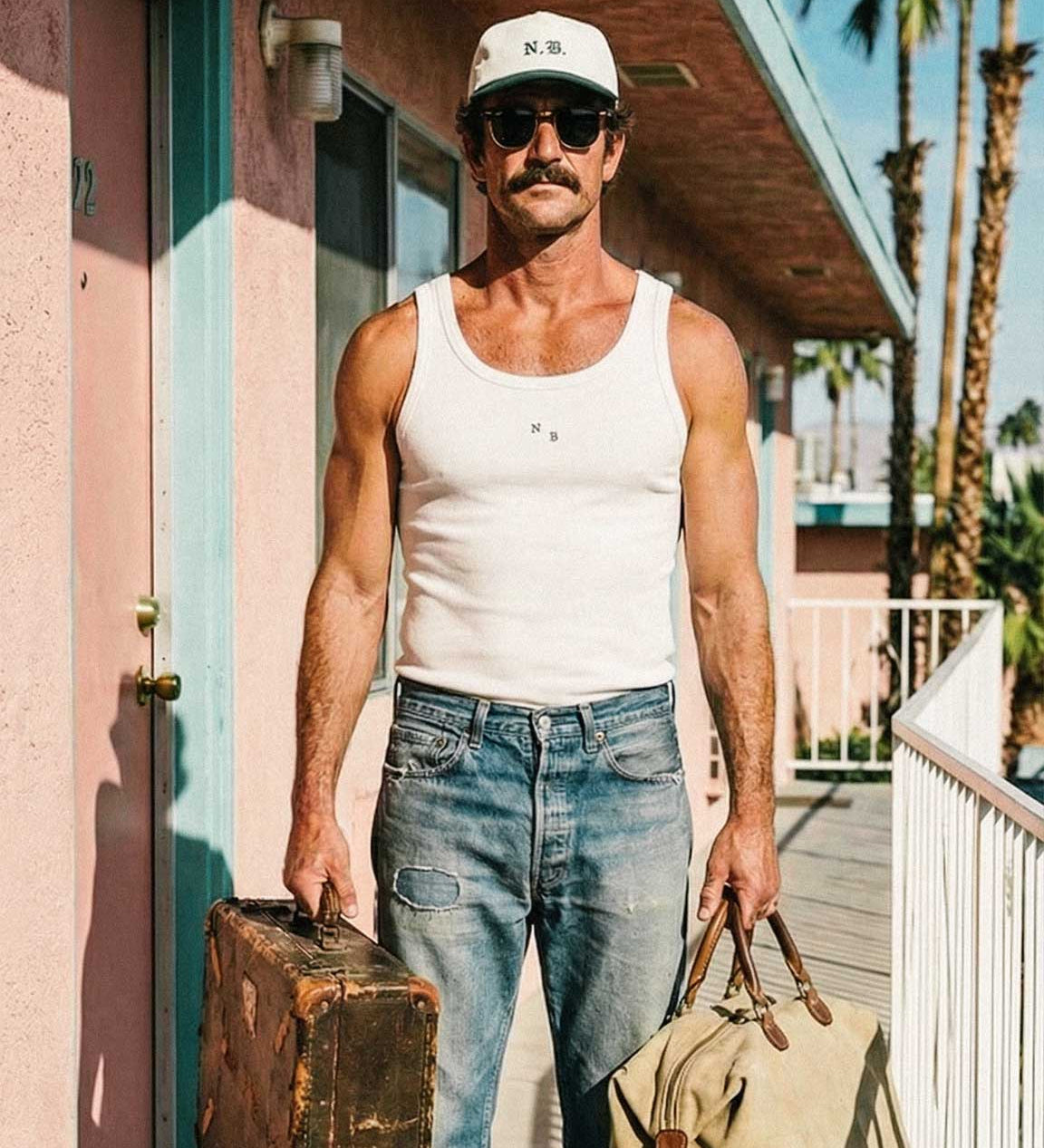 Male model wearing white ribbed tank top with black NB initials on chest