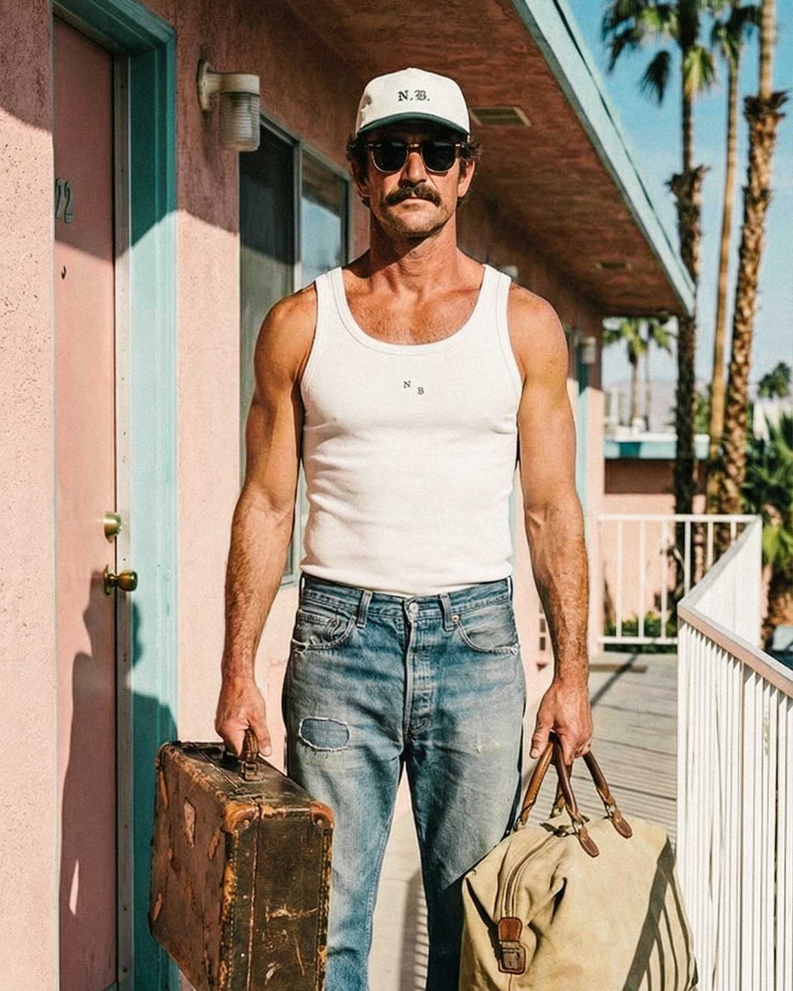 Male model wearing white ribbed tank top with black NB initials on chest