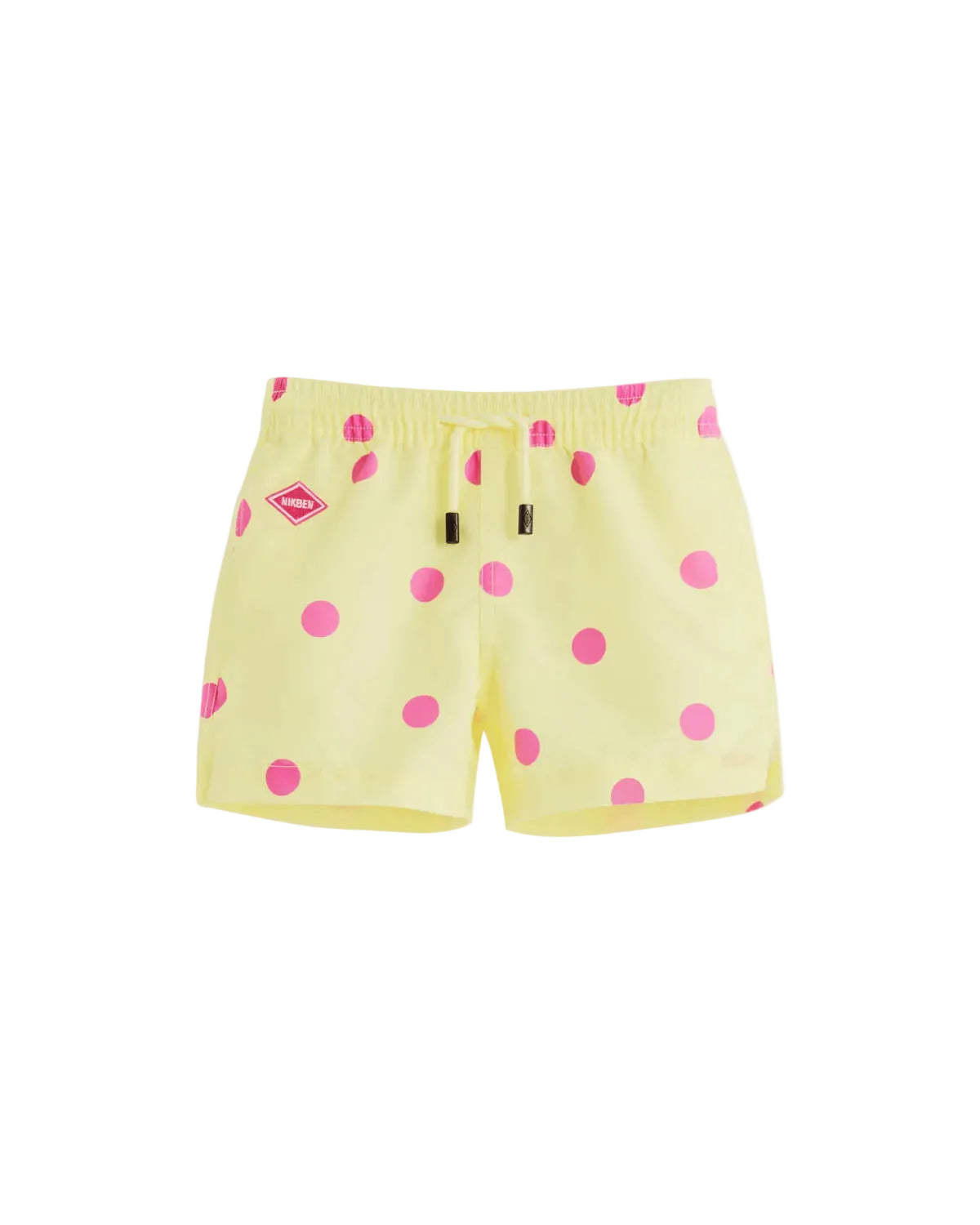 Yellow kids swim trunks with pink dots
